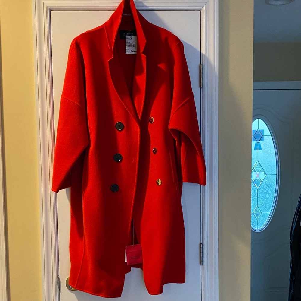 Romanchik 💯 Wool Stunning Red Long Oversized Coat Detailed Pockets Back NWT